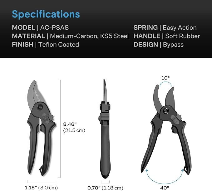 AC Infinity 8??Professional Bypass Pruning Shear, Medium-Carbon KS5 Steel Blades with Nonstick Teflon Coating, Tree Trimmer Secateurs for Gardening, Hydroponics, Grow Tents