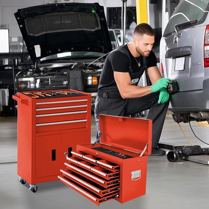 13-Drawer Rolling Tool Chest with Double Doors, 2 in 1 Detachable Rolling Tool Chest with Drawers, Metal Large Lockable Tool Box竊똌obile Tool Cabinet Combo for Garage Workshop (Red)