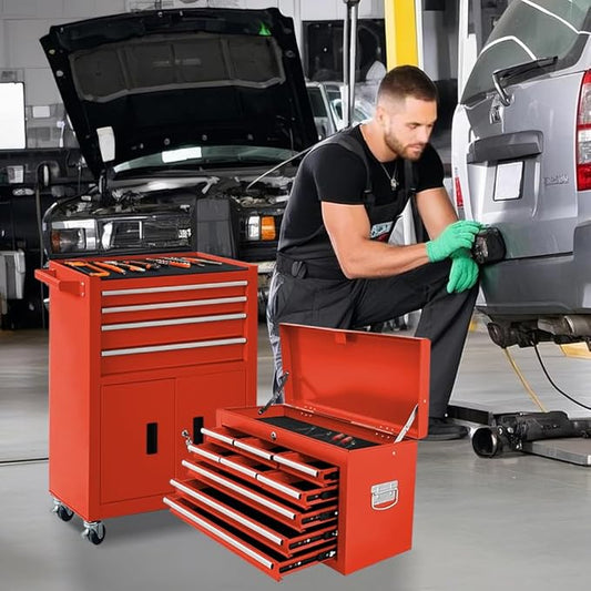13-Drawer Rolling Tool Chest with Double Doors, 2 in 1 Detachable Rolling Tool Chest with Drawers, Metal Large Lockable Tool Box竊똌obile Tool Cabinet Combo for Garage Workshop (Red)
