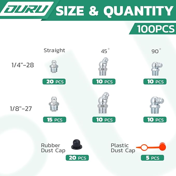 100PCS Grease Fittings Kit, SAE Zerk Grease Fittings Straight 45 90 Degree with Grease Fitting Caps for Grease Gun