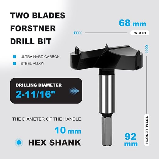 2-11/16 Inch Forstner Drill Bit Carbide Tipped,Woodworking Hinge Cutter for Precise Flat Bottom Holes in Hard Wood,Plywood,Plastic - Professional Grade