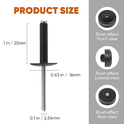 ALLCLEAN (80 pcs) 3/16 * 1" Large Flange Open End Black Aluminum Blind Rivets,4.8 * 25 Pop Blind Rivet