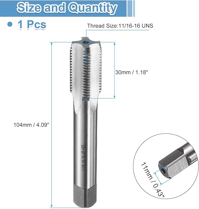uxcell Hand Bottom Tap 11/16-16 UNS 2B Thread Bottoming Style Threading Taps High Speed Steel HSS6542 Straight Flutes Screw Tapping Tool
