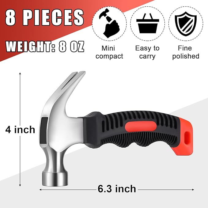 8 Pieces Small Hammer 12 Ounce Mini Hammer for Kids Women Men, Lightweight Melt Claw Hammers Bulk with Hardware Nails for Hanging Pictures Crafts Tent Kit (Orange and Black)