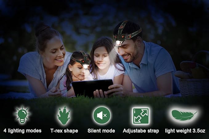 Dinosaur Kids Headlamp, T-Rex Dinosaur Led Headlamp Flashlight, Dinosaur Toy Headlamp Flashlight with 4 Lighting Mode for Boys, Girls??Camping, Hiking, Reading and Party (Green)