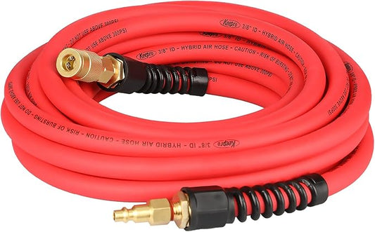 Keepro Hybrid Air Hose, Flexible 3/8 Inch ID x 25 Feet Long Air Compressor Hose with Repairable Solid Brass 1/4" Industrial Quick Coupler and Plug, 300 PSI Maximum Pressure, Red