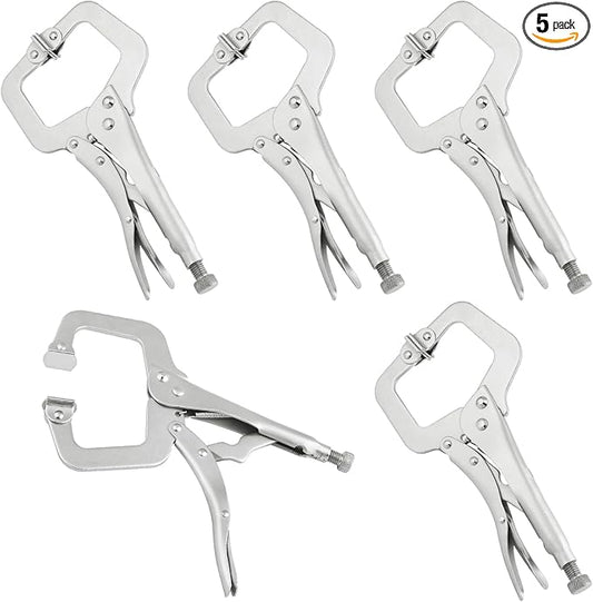 5 Pack 9 Inch C Clamp Locking Pliers,Locking C Clamp, Adjustable Nickel Plated C Pliers For Wood Working, Welding, Electrician Maintenance and more, by GENHAKON