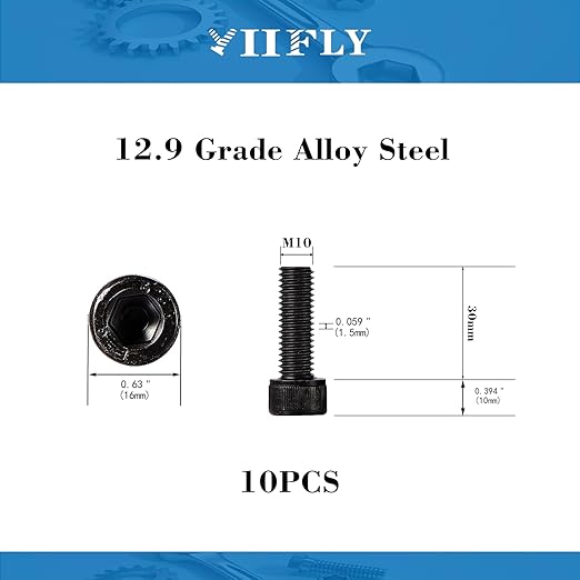 YIIFLY M10-1.5 x 30mm Socket Head Cap Screws, M10x1.5 Bolt,12.9 Grade Alloy Steel, Allen Socket Drive, Black Oxide Finish, Full Thread, Quantity 10