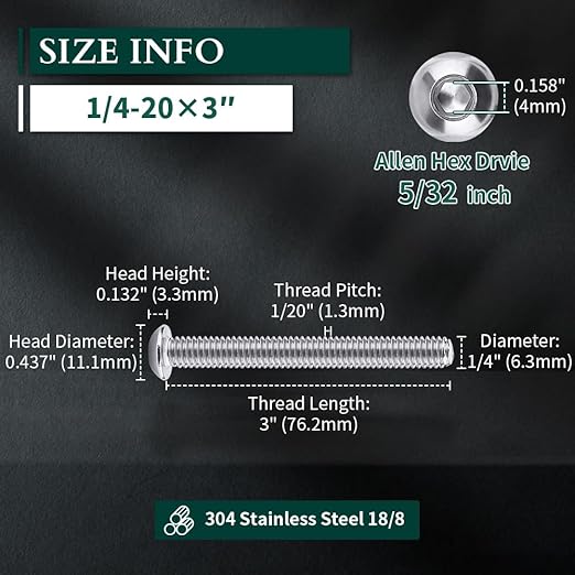 1/4-20 x 3 Button Head Socket Cap Bolts Screws, 304 Stainless Steel 18-8, Allen Hex Drive, Bright Finish, Fully Machine Thread, Pack of 20