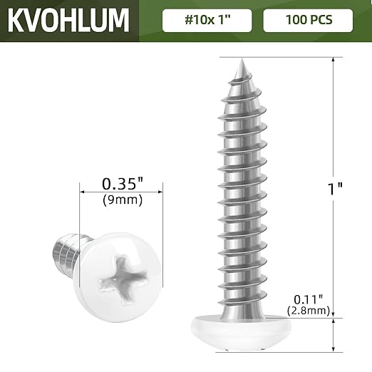 100 PCS #10 x 1 White Head Sheet Metal Screws, Pan Head Phillips Fast Self Tapping Screws, Round Head Wood Screws, Screwdriver Bit Included