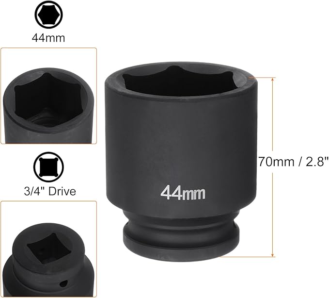 HARFINGTON 6-Point Impact Socket 3/4" Drive 44mm Metric 40Cr Alloy Steel Spindle Axle Nut Impact Socket