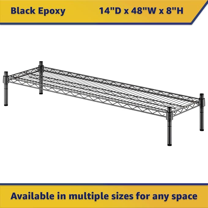 14" x 48" x 8" Black Epoxy Wire Storage Shelf, Dunnage Rack, Commercial 1 Tier Small Shelf