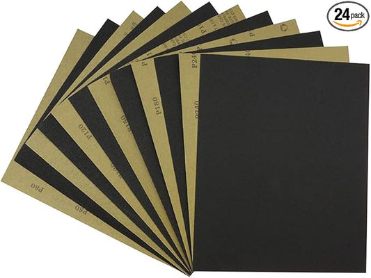 Sandpaper Assortment 80 100 120 150 180 240 Grit 24PCS, Wet Dry Sandpaper Sheets 9 x 11 Inches, Silicon Carbide Abrasive Sand Paper for Wood Furniture Finishing, Metal Sanding, Automotive Polishing