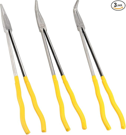 3 Pieces 16 Inch Long Needle Nose Pliers Set, Straight, 45, 90 Degree Long Reach Pliers Set with Comfortable Handle for Tight Space