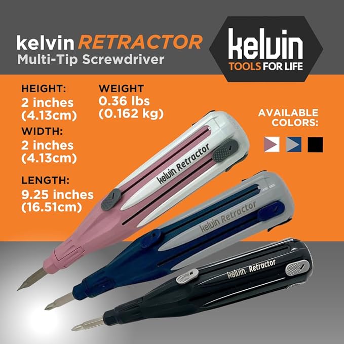 Kelvin Tools Retractor - Retractable All-In-One Screwdriver Quick Change Phillips Head and Flat Head, Upgraded Retract-A-Bit Screwdriver, Durable & Lightweight - MADE in NORTH AMERICA