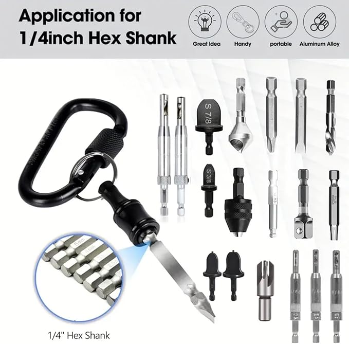 Bit Holder Keychain 6pcs - 1/4 inch Hex Shank Bit Holders - Quick Release Design for Nut Driver, Screwdriver & Drill Bits - Aluminum Alloy, Black - Include Keychain Carabiner - Gift for Men