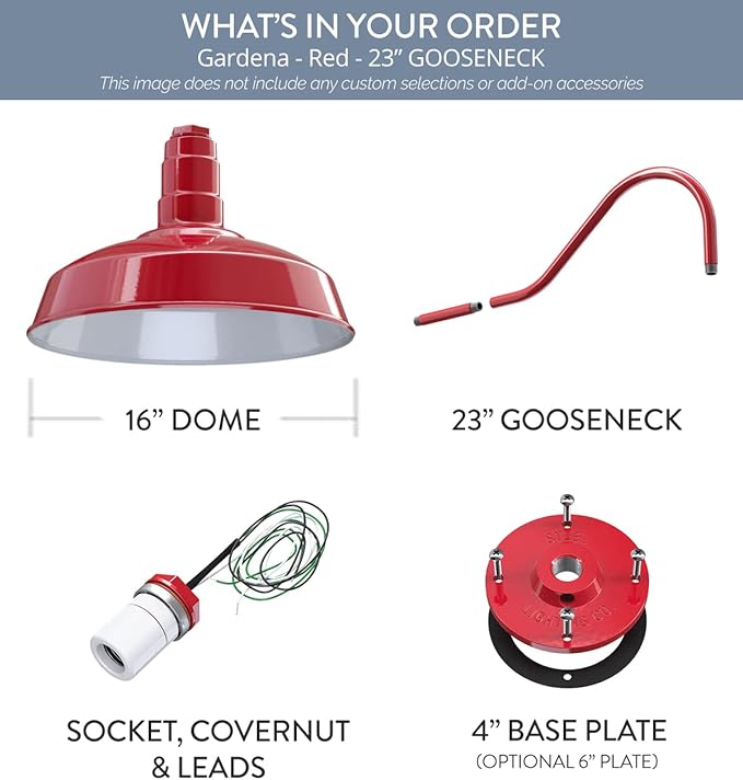 Steel Lighting Co. | Dusk to Dawn | Gardena Barn Light | Outdoor Wall Mounted | 16" Dome | 23" Gooseneck | Farmhouse Light Made in America | Red Exterior/White Interior