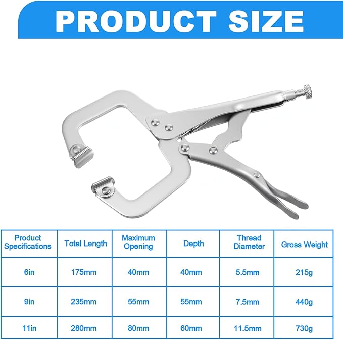 3 Pcs Locking C Clamp Set, 3 Different Sizes Silver Locking Pliers (6 Inch, 9 Inch, 11 Inch) Metal Tools Welding Clamps for Home Farm