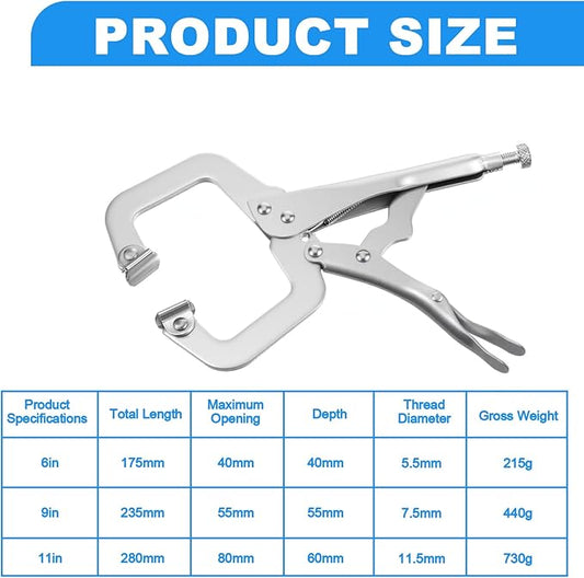 3 Pcs Locking C Clamp Set, 3 Different Sizes Silver Locking Pliers (6 Inch, 9 Inch, 11 Inch) Metal Tools Welding Clamps for Home Farm
