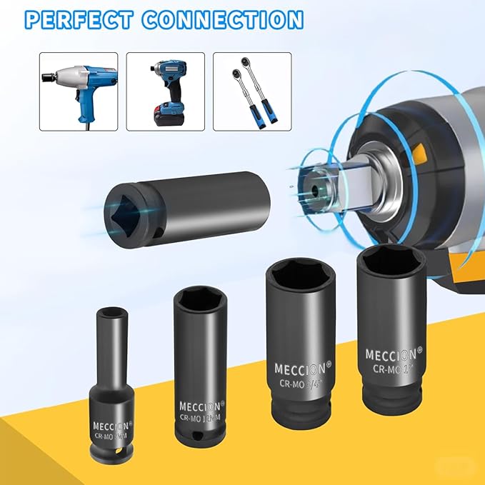 Meccion 3/8 Inch Drive Impact Socket 12mm Metric, 6 Point Cr-Mo Deep Socket, 63mm Length