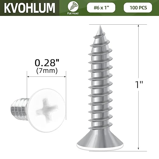 100 PCS #6 x 1 White Head Sheet Metal Screws, Flat Head Phillips Fast Self Tapping Screws, Countersunk Head Wood Screws, Screwdriver Bit Included