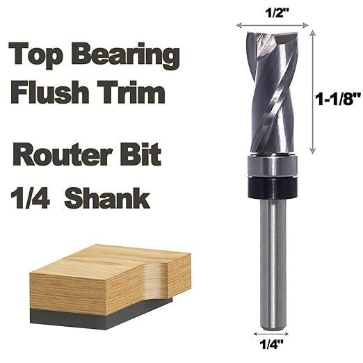 Up-Cut Top Bearing Flush Trim Router Bit 1/4 Shank - 1/2" Cutting Dia, 1-1/8" Cut Height, Carbide Spiral Pattern Template Flush Cut Router Bit, for Wood Trimming