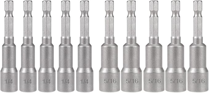 10pcs SAE 1/4??and 5/16??Magnetic Nut Driver Bit Set, 1/4 inch Driver Power Nut Setter Drill Bits for Impact Drill, Socket Adapter Hex Nut Driver Set, 65mm Length