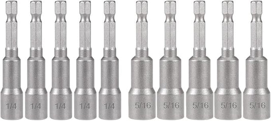 10pcs SAE 1/4??and 5/16??Magnetic Nut Driver Bit Set, 1/4 inch Driver Power Nut Setter Drill Bits for Impact Drill, Socket Adapter Hex Nut Driver Set, 65mm Length