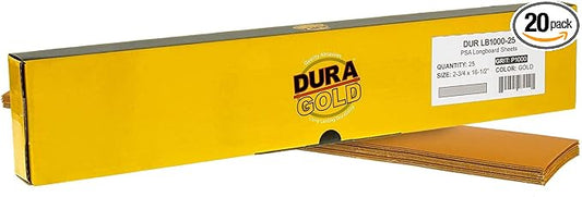 Dura-Gold Premium 1000 Grit Gold Pre-Cut PSA Longboard Sandpaper Sheets, Box of 20, 2-3/4" x 16-1/2" Self-Adhesive Stickyback Sandpaper for Automotive, Woodworking Air File Sander, Hand Sanding Block
