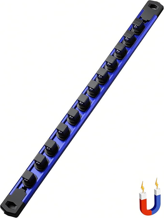 ALOANES 1/2-Inch Drive Magnetic Socket Organizer, Heavy Duty Aluminum Socket Rail Organizer, 360째 Swivel Clips Socket Rail Set For Sockets Storage, 1/2-Inch Socket Holder x 12 Clips (Blue)