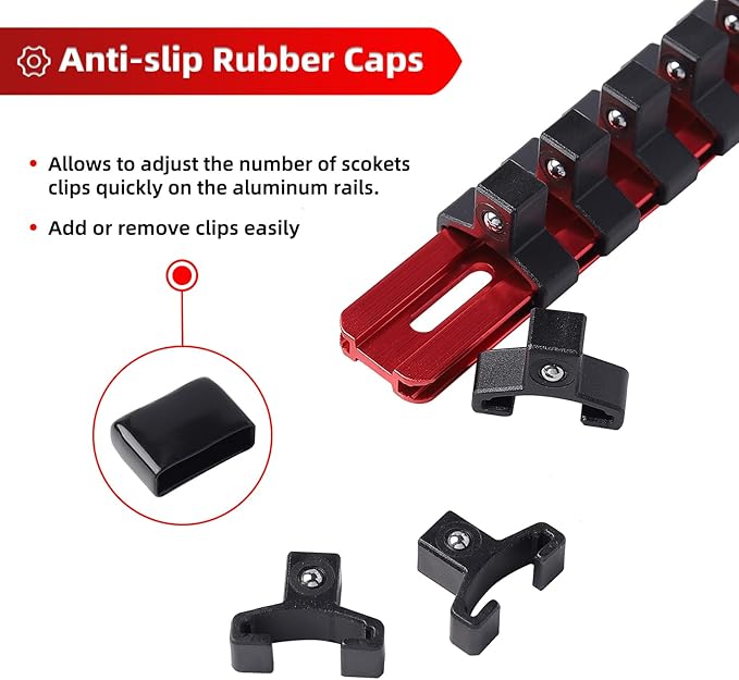 ALOANES 3-Piece Aluminum Alloy Socket Organizer, Heavy Duty Socket Racks, Socket Holder Kit for Toolbox Drawer Fit 1/2, 3/8, 1/4-Inch Socket Holder x 58 Clips (Red)