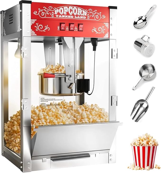 16 Oz Commercial Popcorn Machine, 1440 W, Movie Theater Popcorn Machine, Red Tabletop Pop Corn Machine with 3-Switch Control & Steel Frame Tempered Glass Doors