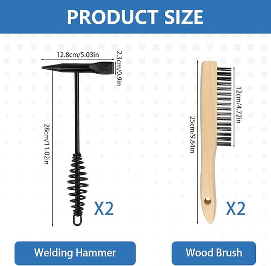 4 Pack Welding Chipping Hammer and Wire Brush Set – 11" Hammer with Coil Spring Handle, Cone and Vertical Chisel and 9.8" Stainless Steel Brush for Slag, Spatter, Residue Removal