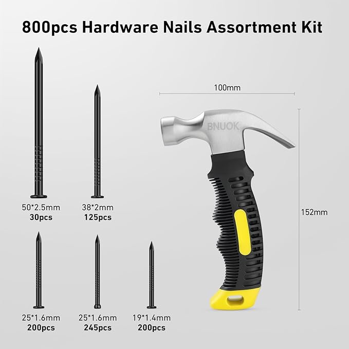 Hardware Nails Assortment Kit and 8oz Small Hammer, 800 PCS Black Nails for Hanging Pictures,Hammer and Nail Set, Small Hammers for Picture Hanging