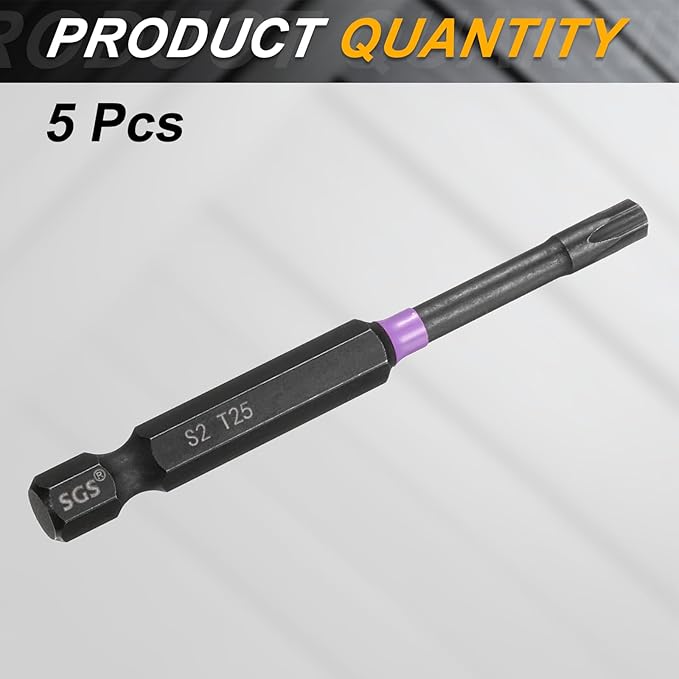 HARFINGTON 5pcs T25 Torx Head Impact Screwdriver Bits 1/4" Hex Shank 2.8" (70mm) Long Magnetic No Hole Tamper Proof 6 Point Star Screw Driver Drill Bits Phosphate S2 Steel Power Tools
