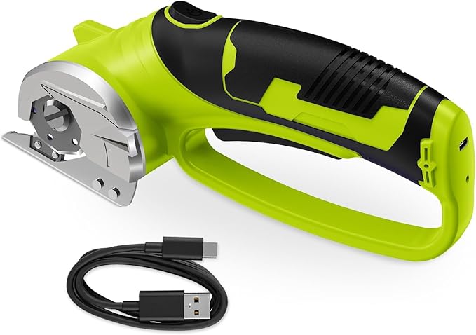 Cordless Electric Scissors, 4V Rechargeable Box Cutter & Cardboard Cutter with Titanium Blade, LED Light, Safety Lock - Rotary Cutter for Fabric, Leather, Carpet, Plastic, Crafting, Sewing (Green)