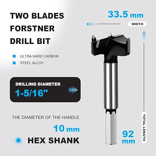 1-5/16 Inch Forstner Drill Bit Carbide Tipped,Woodworking Hinge Cutter for Precise Flat Bottom Holes in Hard Wood,Plywood,Plastic - Professional Grade