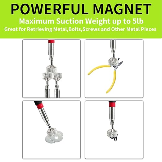 Telescoping Magnetic Pickup Tool Set, 2Pcs Round and Square Inspection Mirror Telescoping with LED Lights, 2Pcs Magnet Stick Best Gadgets Gifts for Men (Black, 6 Pack)