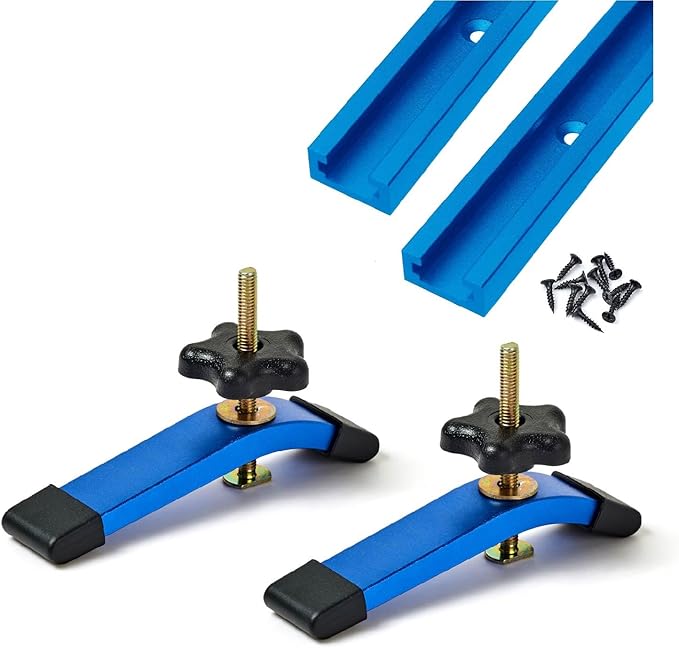 HOTTARGET Aluminum 24"X2 T-track with 2pk Hold Down Clamps,6-3/8"L x 1-1/4"Width-Woodworking and Clamps - High Strength Aluminum Alloy 6063 - Fine Sandblast Anodized - Blue Color