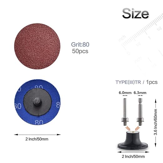 NYXCL Miroku 50Pcs P80 2 inch roll Lock Quick Change Discs Set, A/O Sanding Discs with 1/4" Holder, for Die Grinder Surface Prep Strip Grind Polish Finish Burr Rust Paint Removal