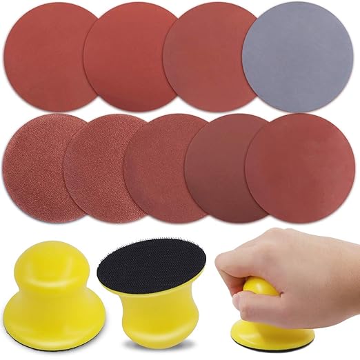 Glarks 92Pcs 3 Inch Hook and Loop Hand Sanding Block Round Sanding Pad Hook Backing Plate with 90Pcs Hook and Loop Sanding Disc Set for Craft, Woodworking, Furniture Repairing (3 Inch)