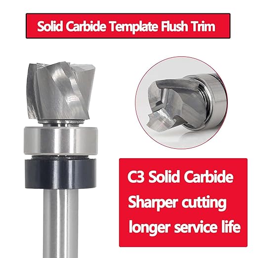 Flush Trim Router Bit 1/4 Shank, Down-Cut Carbide Head 3-Flute, 1/2" Diameter, 3/8" Cutting Length, Pattern Template Spiral Flush Trim Router Bit, for Grooves, Bottom Cleaning, Wood Trimming