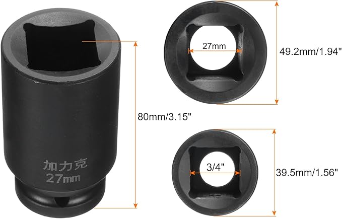 HARFINGTON 4 Point Square Socket 3/4" Drive by 27mm Metric Square Impact Socket 40CR Blackening Standard Wheel Sockets Pneumatic Socket Tool for Auto Repair Mechanical Maintenance Home Use