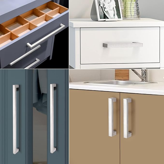 Probrico 10 Pack|Brushed Nickel Square Cabinet Pulls Drawer Handles Stainless Steel 12-3/5 Inch Hole Centers Euro Kitchen Cabinet Hardware 13-1/4 Inch Overall Length