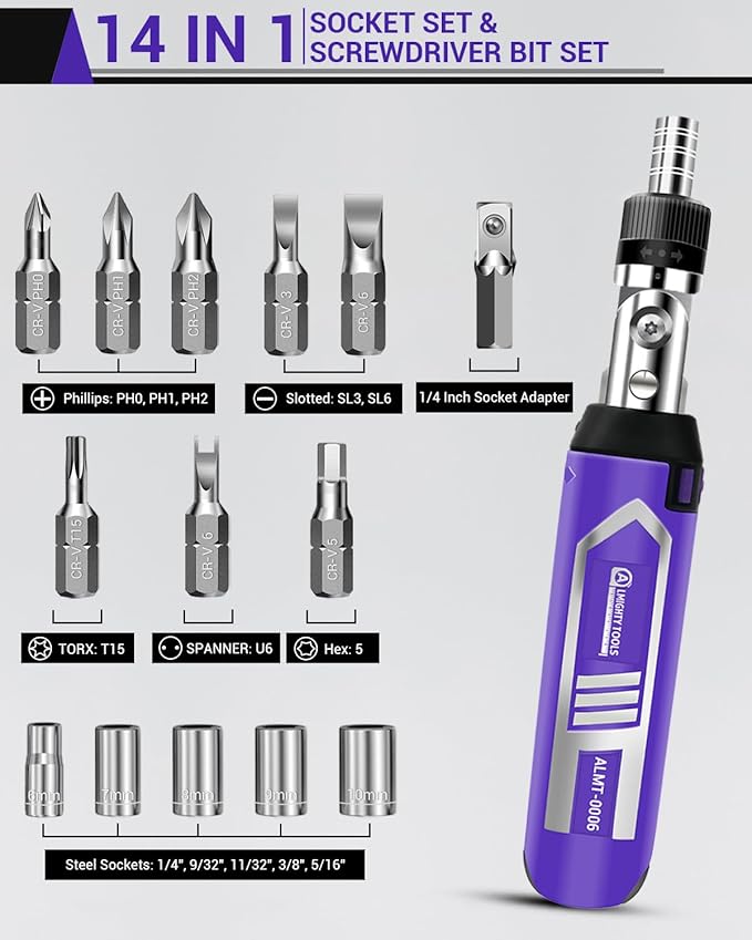 Ratchet Screwdriver Set, 14-in-1 Multi Bit Screwdriver Set, 180째 Pivoting Adjustable Angle Screwdriver, for Home DIY, Electronics, Car Emergency and Garage