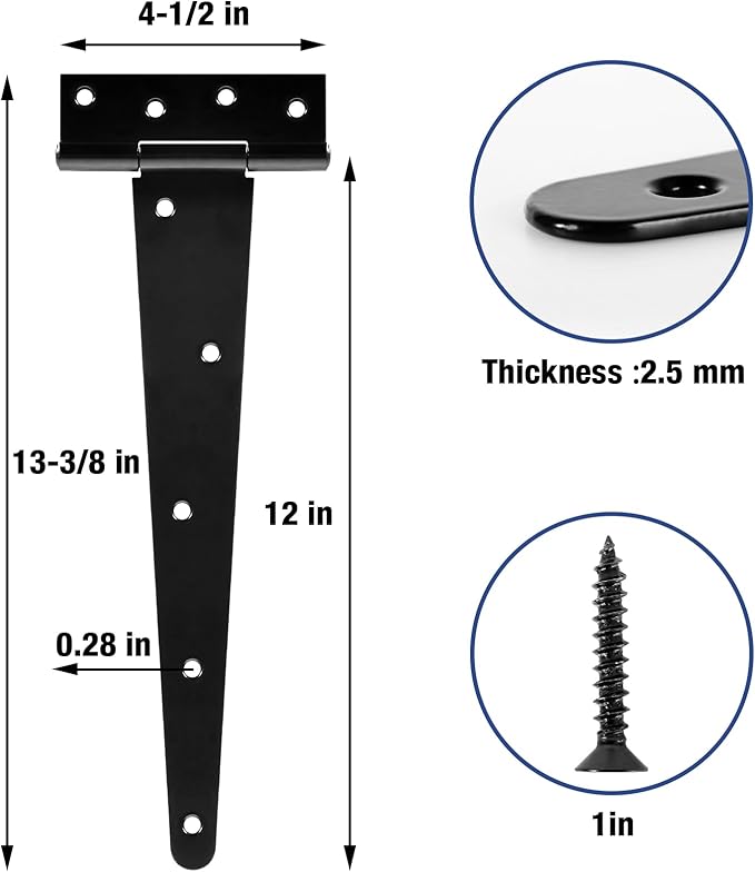 TDCHINGES 12 Inch Heavy Duty T Strap Tee Hinge 6 Pack Barn Farm Fence Gate Door Hinges for Shed Doors Outdoor Kitchen Wood Cabinet Interior Exterior Window Bar Shop Matte Blake Door Hinge Hardware
