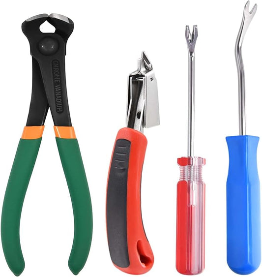 4 PCS Upholstery Staple Remover Tack Puller Nail Remover Tool Set Includs End Cutting Pliers, U & V Tip Tack Lifters, Staple Puller for Furniture Floor Wall Wooden Case Car Photo Frame Carpet