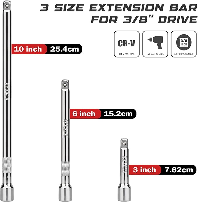 3/8 Inch Drive Socket Extension Bar Set?밒ncludes 3", 6", 10" Chrome Vanadium Steel Extensions with Silver Mirror Finish for Ratchet Drive, Automotive and Home Tool Use,3PC