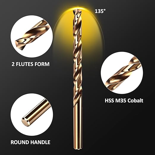 Drill Bit Set, 13pcs (1/16" - 1/4") M35 HSS Twist Cobalt Drill Bits for Stainless Steel, Hardened Steel, Cast Iron, Plastic and Wood