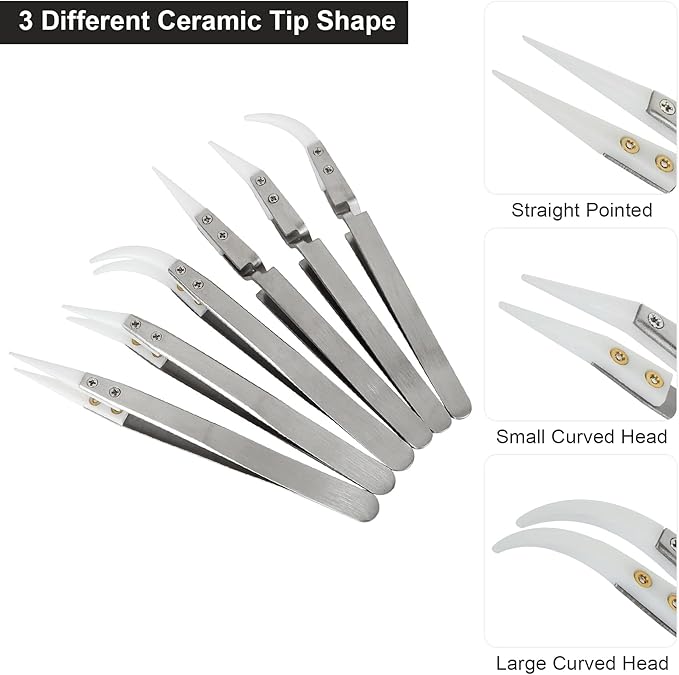 6 Pcs Precision Ceramic Reverse Solder Tweezers, Non-Conductive, Anti-Magnetic Pointed & Curved Tips Tweezers Set, Cross Lock Fiber Grip Soldering Tool, Heat-resistant Electronics Tweezers